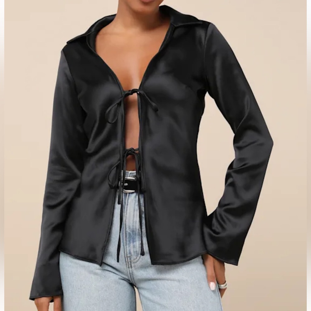 Black Tie-Front Long Sleeve Collared Top